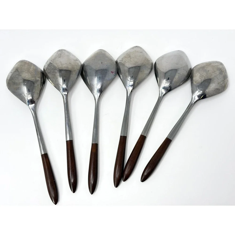 Set of 6 Epic EKCO Eterna Diamond Bowl Soup Spoons Wood Handle MCM Stainless